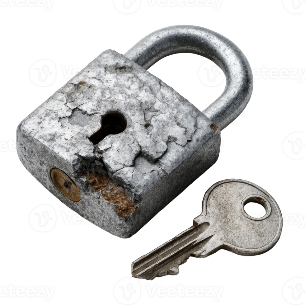 An old padlock and key on a black background png