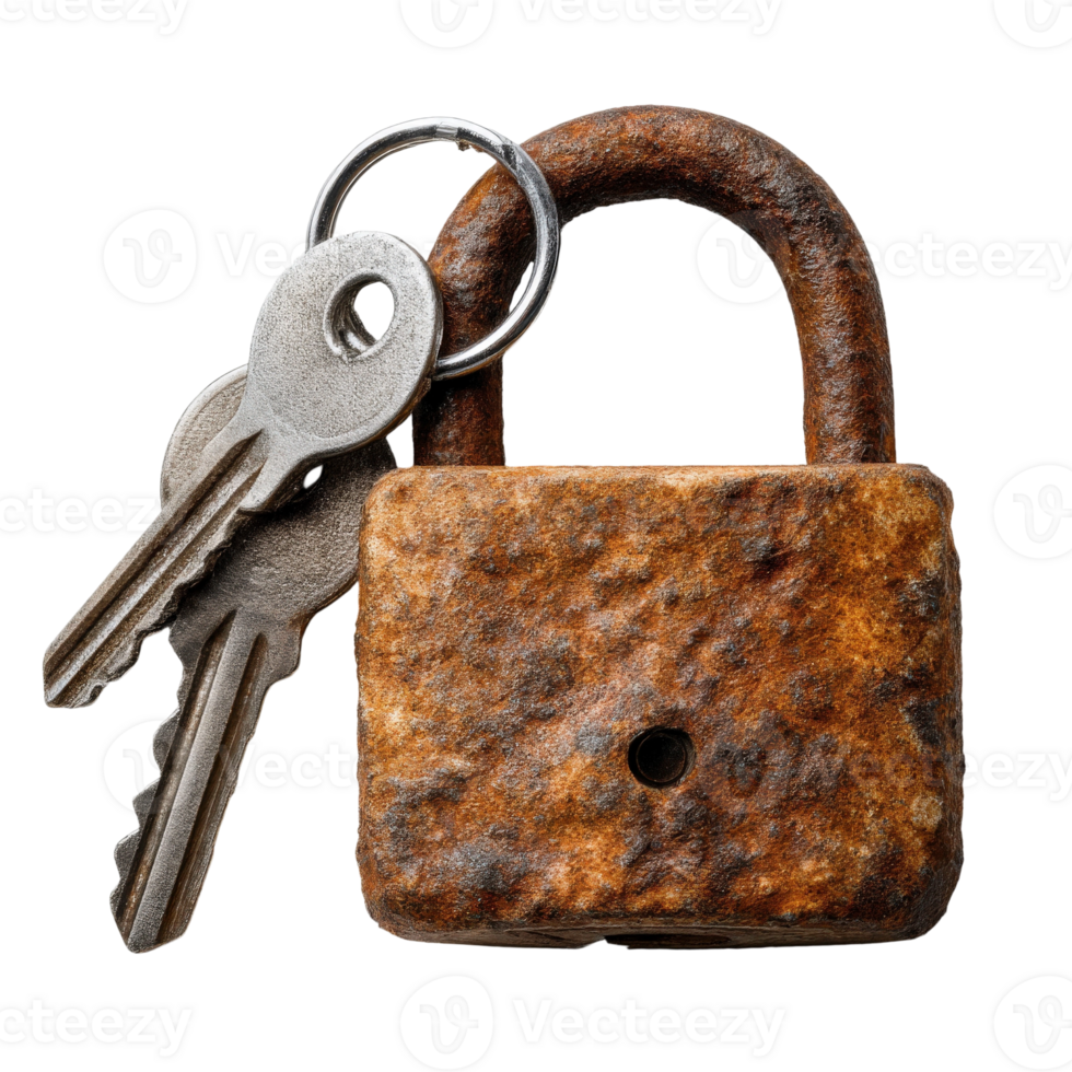 A rusty padlock with two keys on a black background png