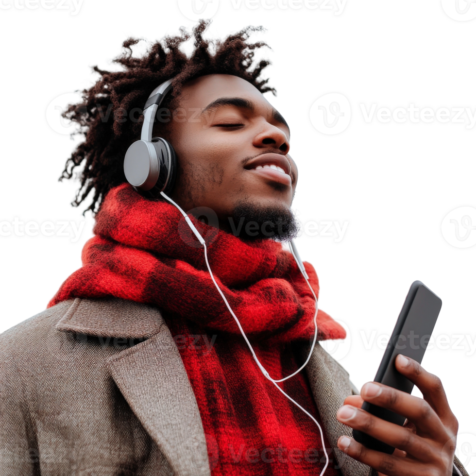 A man wearing headphones and a scarf is listening to music png