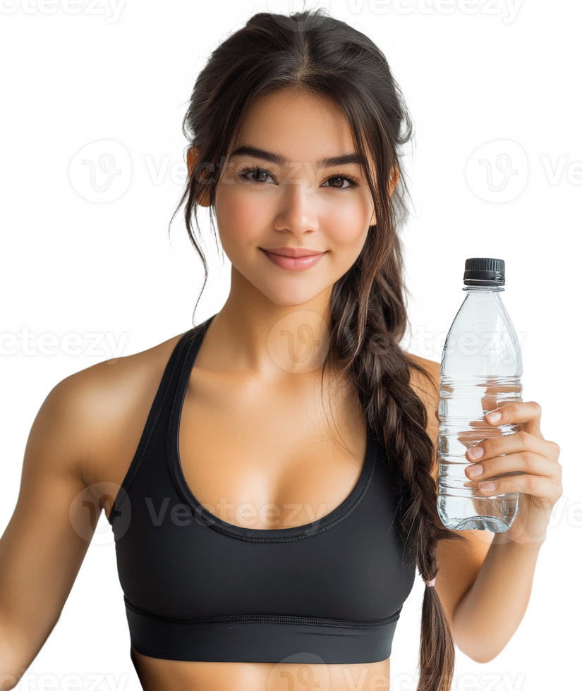 A woman in a sports bra holding a bottle of water png