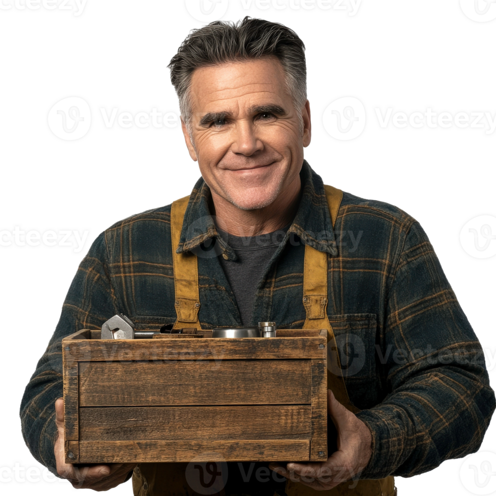 A man holding a wooden box with a record player png
