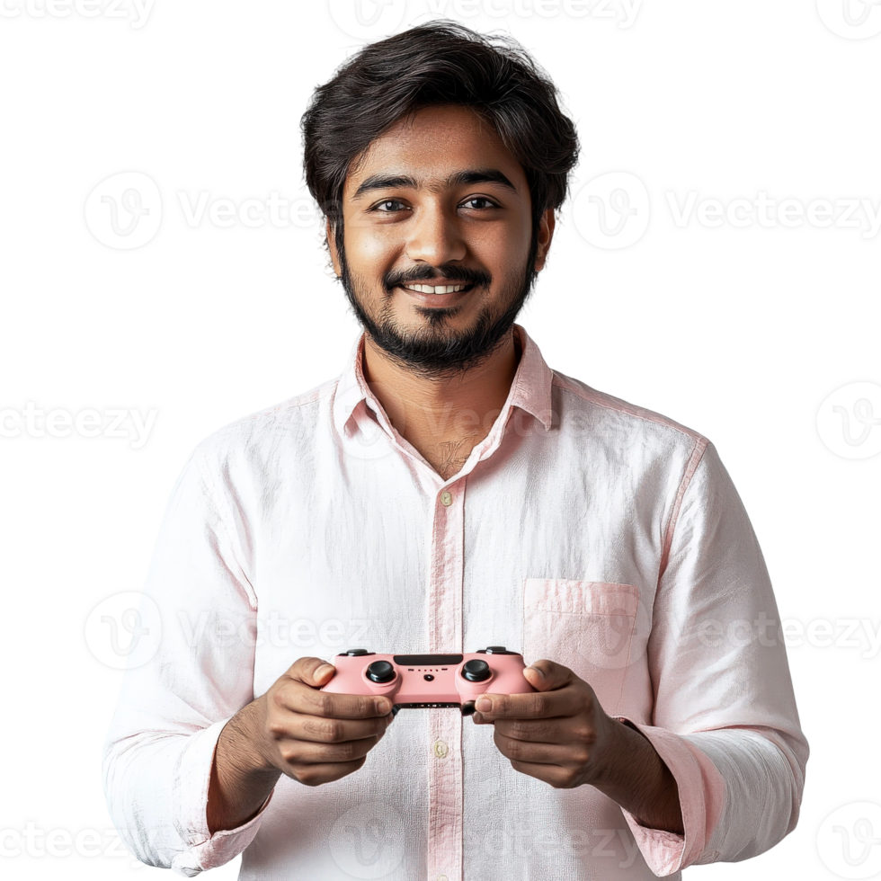 A man in a pink shirt holding a pink controller png