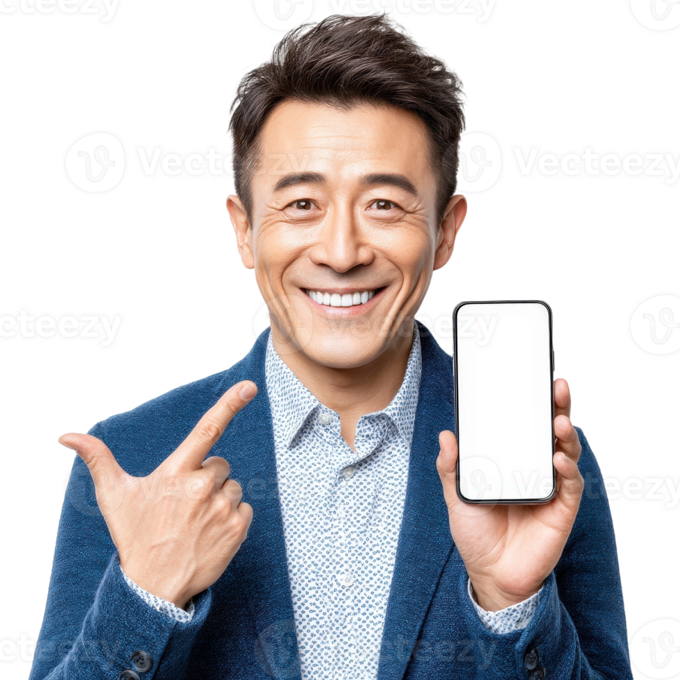 Asian man holding up a smartphone with a blank screen png