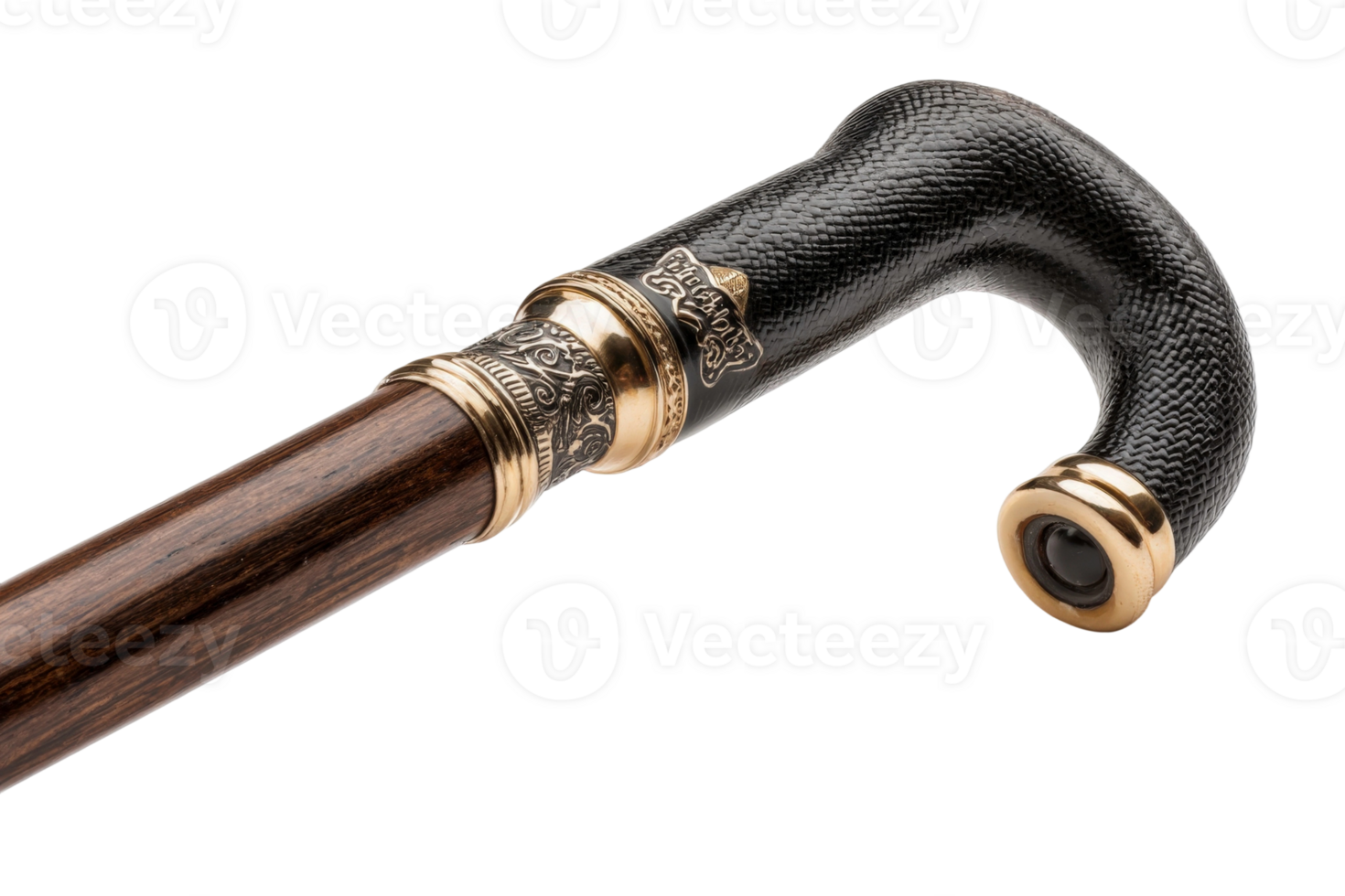 A walking cane with a gold handle and black leather png