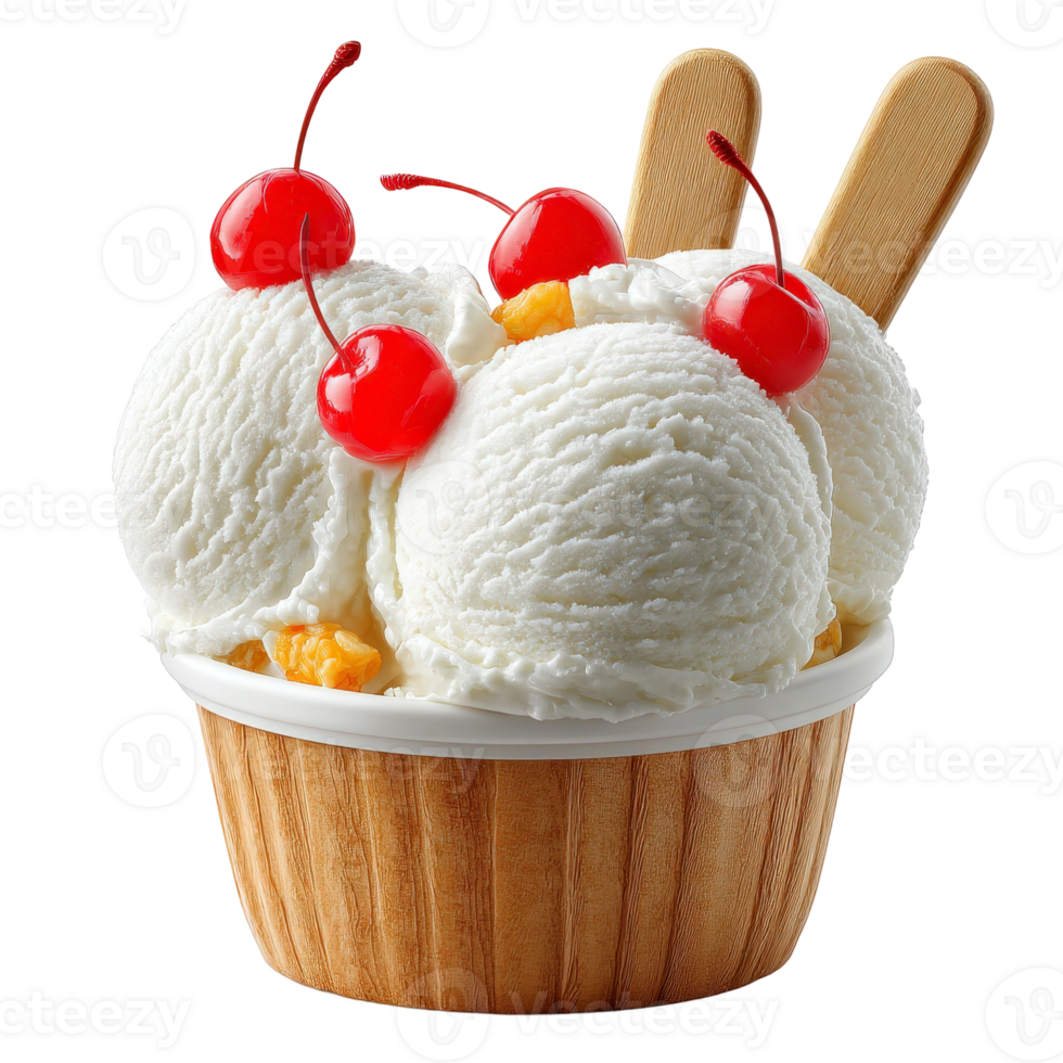 A bowl of ice cream with cherries and two spoons png
