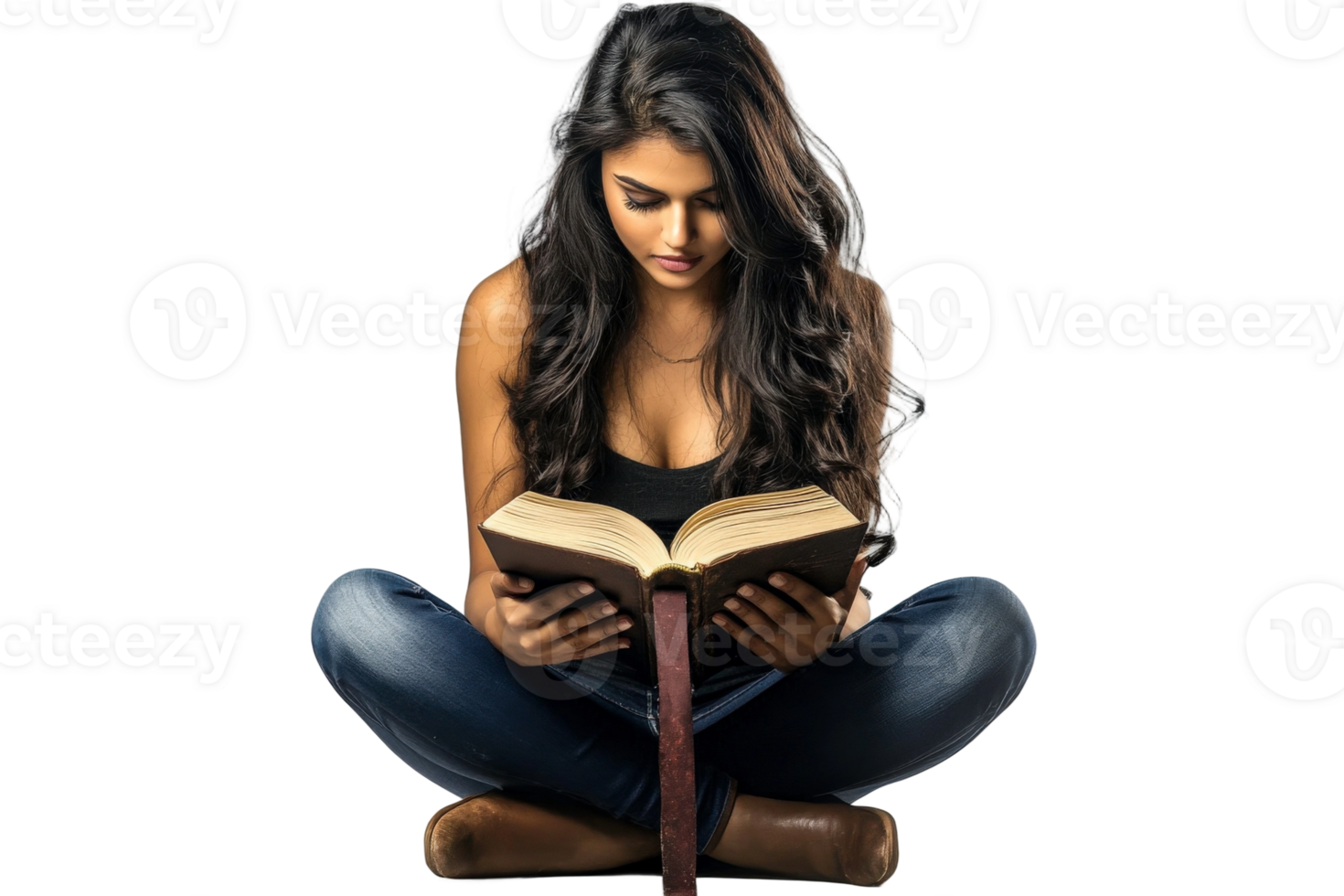 A woman reading a book while sitting on the floor png