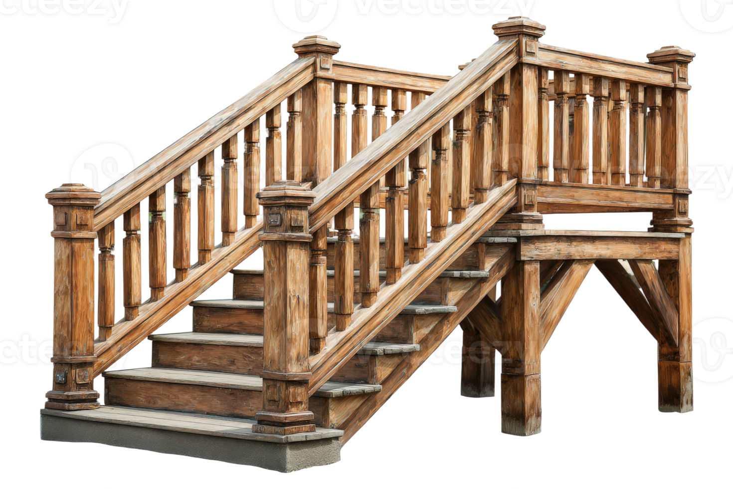 A wooden staircase with a railing and railings png