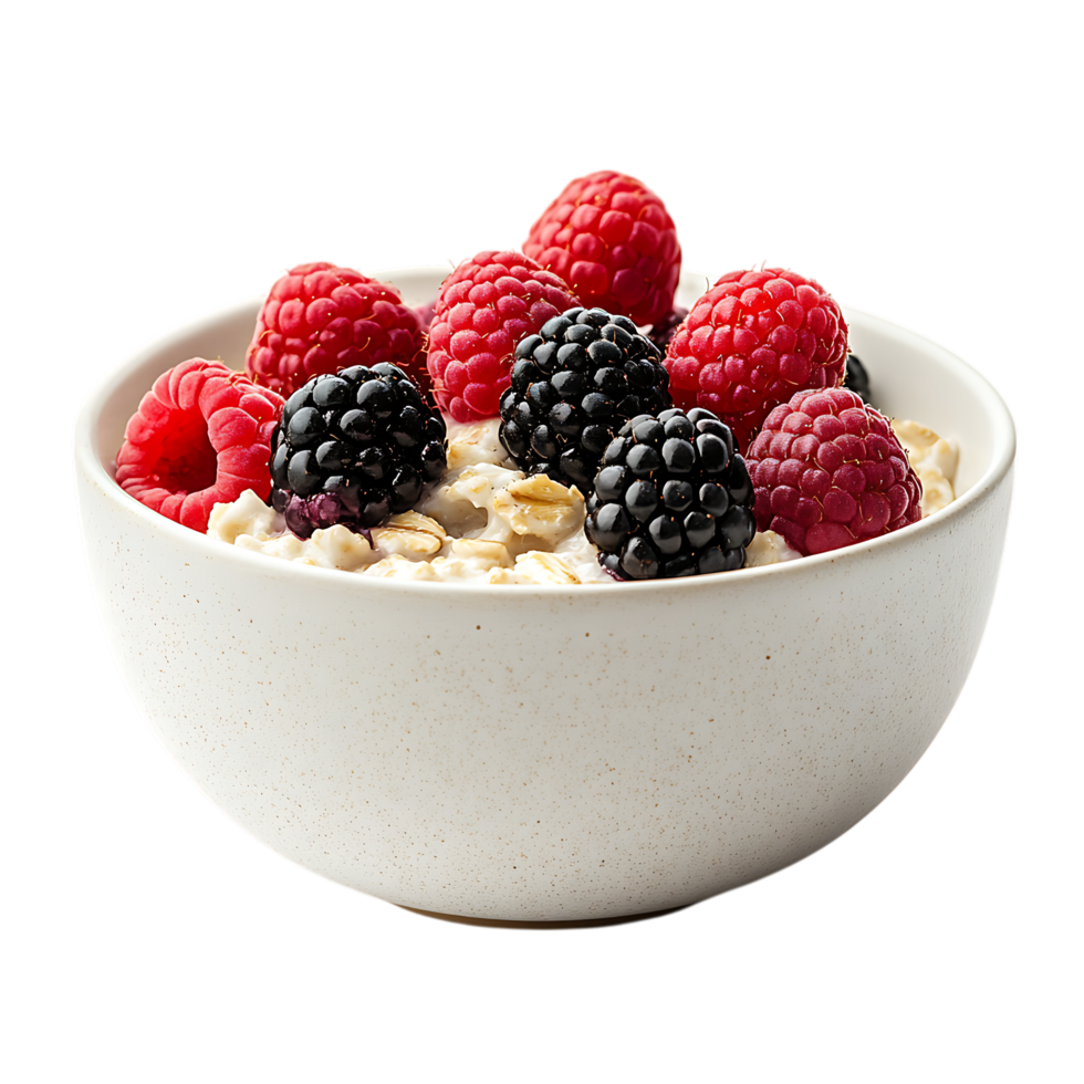 Oatmeal with raspberries and blackberries in a bowl isolated on transparent background png