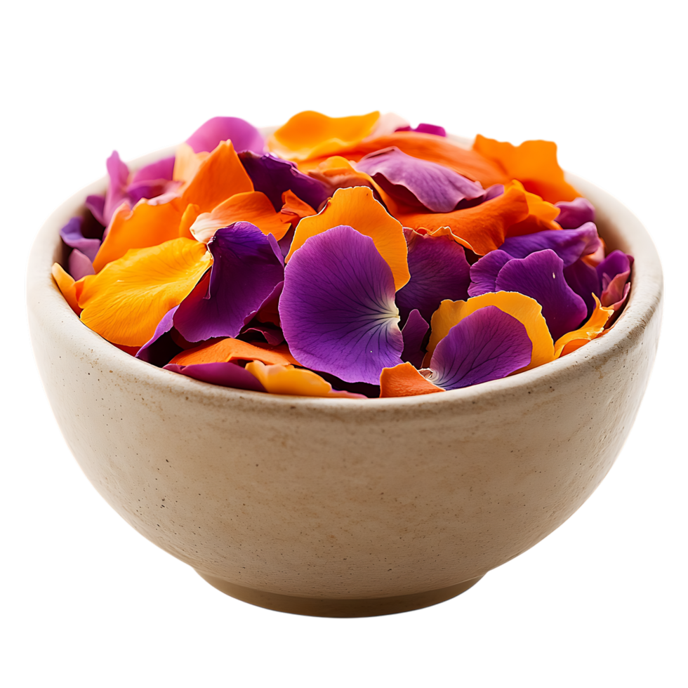Colorful flower petals in a bowl isolated on transparent background png