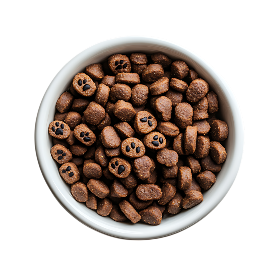 Bowl of dog food with paw print kibble isolated on transparent background png