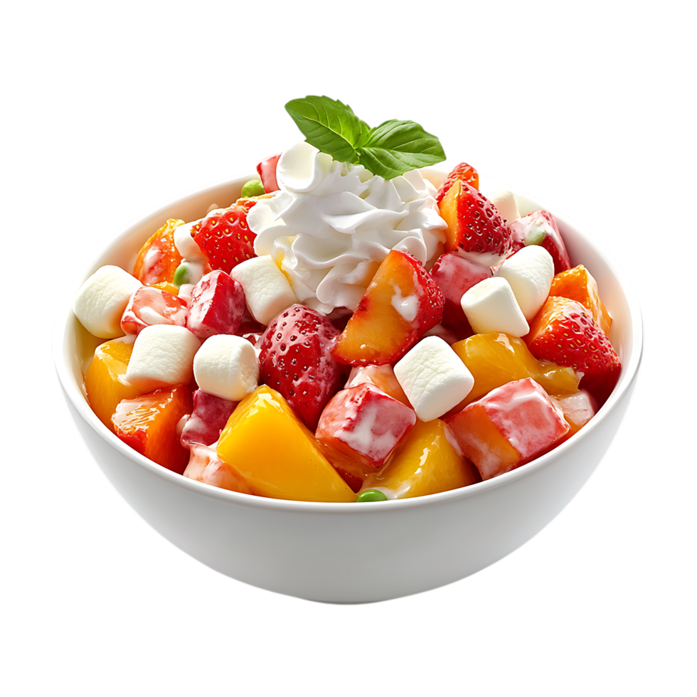Delicious fruit salad with marshmallows and whipped cream isolated on transparent background png