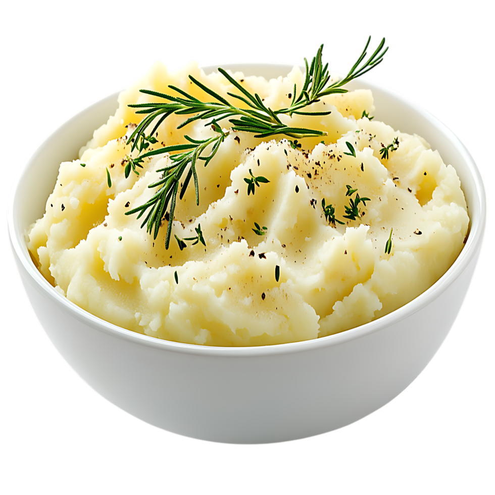 Bowl of creamy mashed potatoes with rosemary and thyme isolated on transparent background png