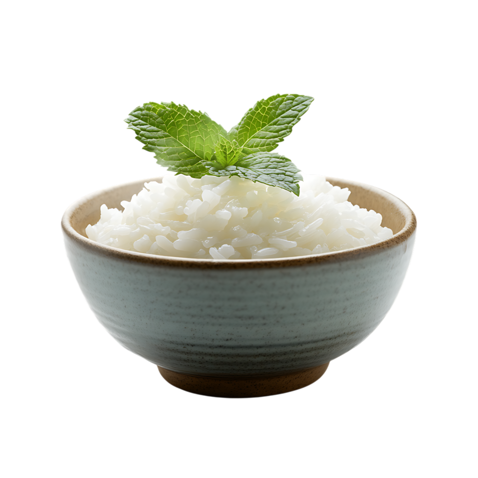 Bowl of cooked rice with mint garnish isolated on transparent background png