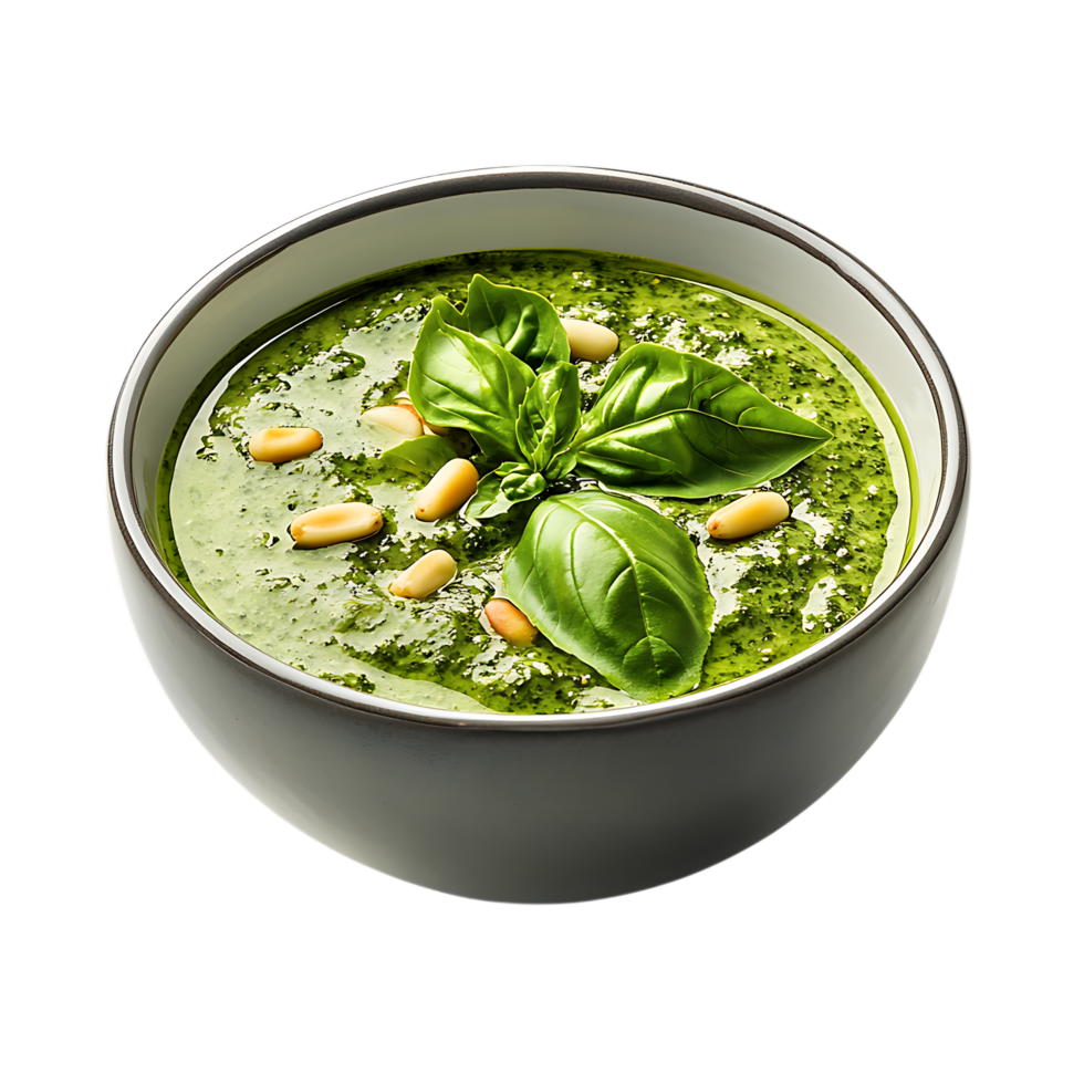 Bowl of pesto with basil and pine nuts isolated on transparent background png
