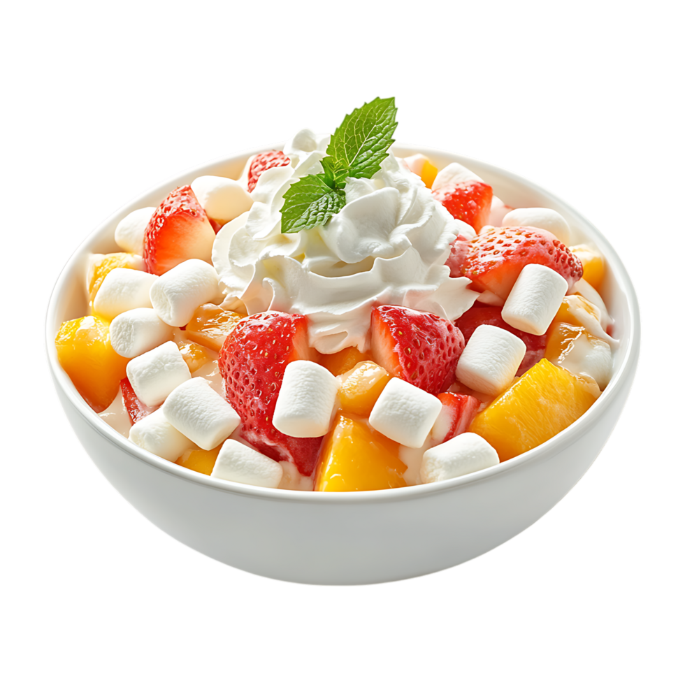 Delicious peach and strawberry dessert with marshmallows and whipped cream isolated on transparent background png