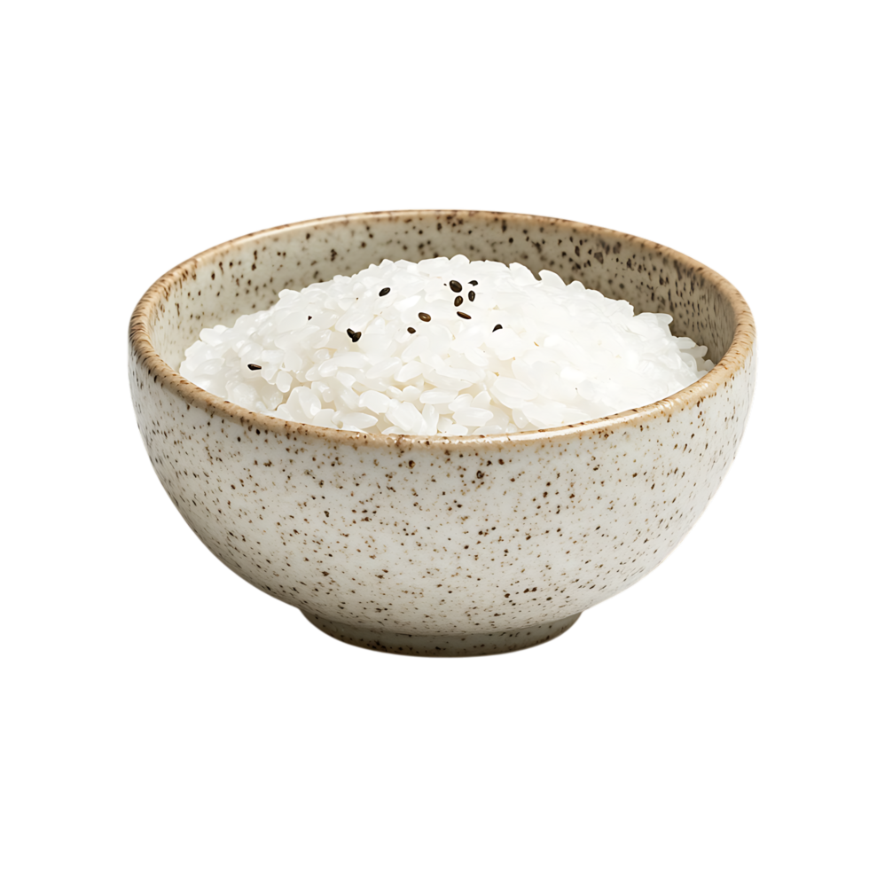 Bowl of cooked white rice with black seeds isolated on transparent background png