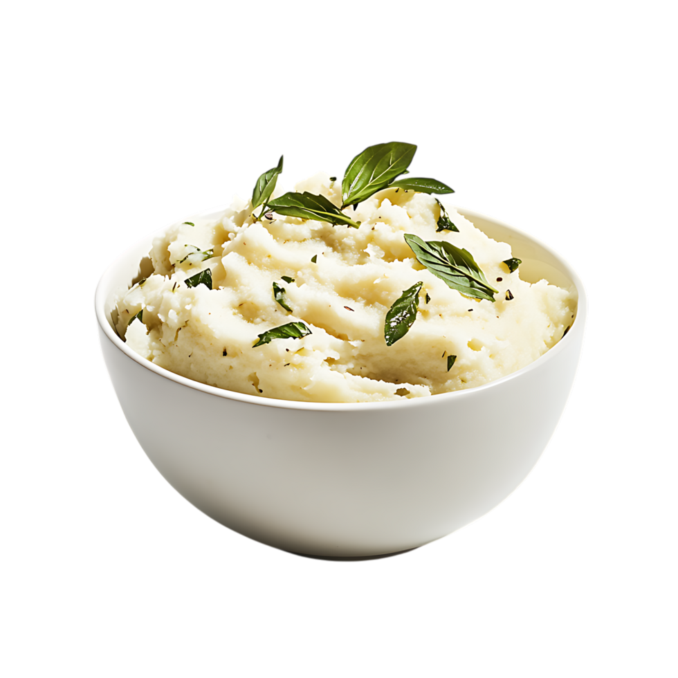 Bowl of creamy mashed potatoes with basil garnish isolated on transparent background png