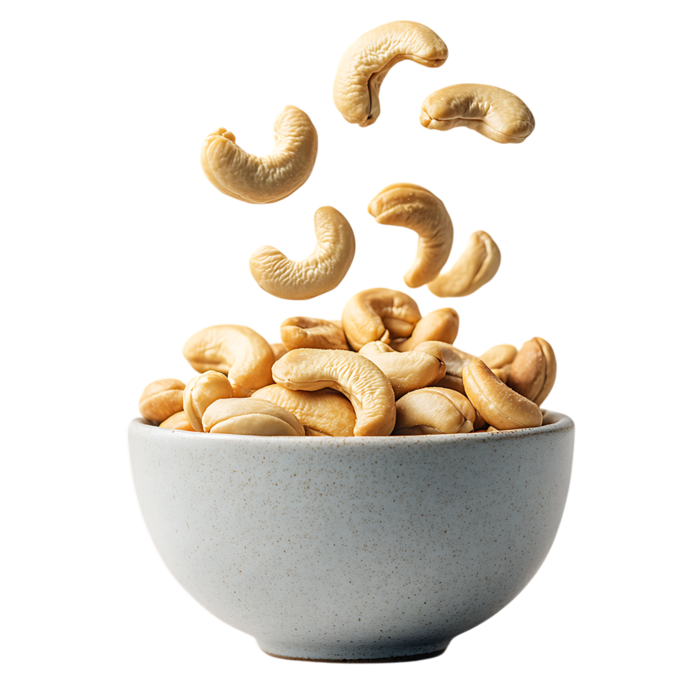 Cashew nuts in bowl falling isolated on transparent background png