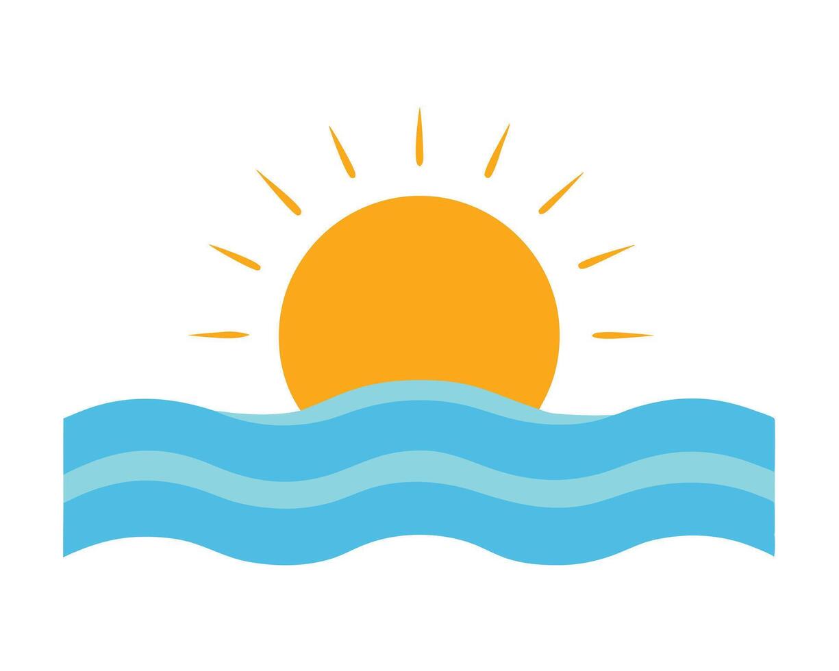 Simple illustration of a sunny day with a bright sun over the wavy ocean on a white background vector