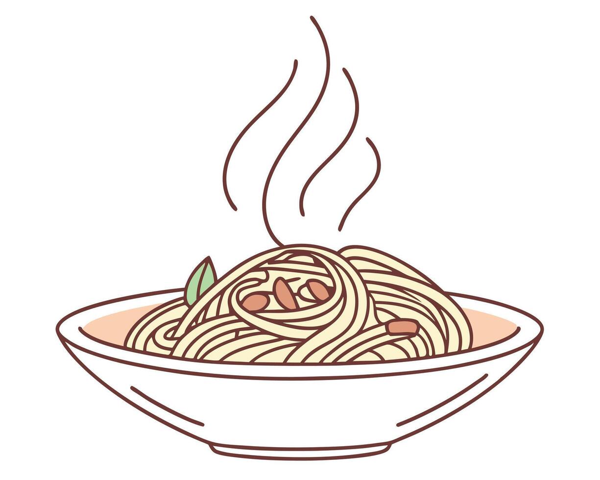 A delicious illustration of steaming spaghetti pasta served in a white bowl with fresh herbs vector