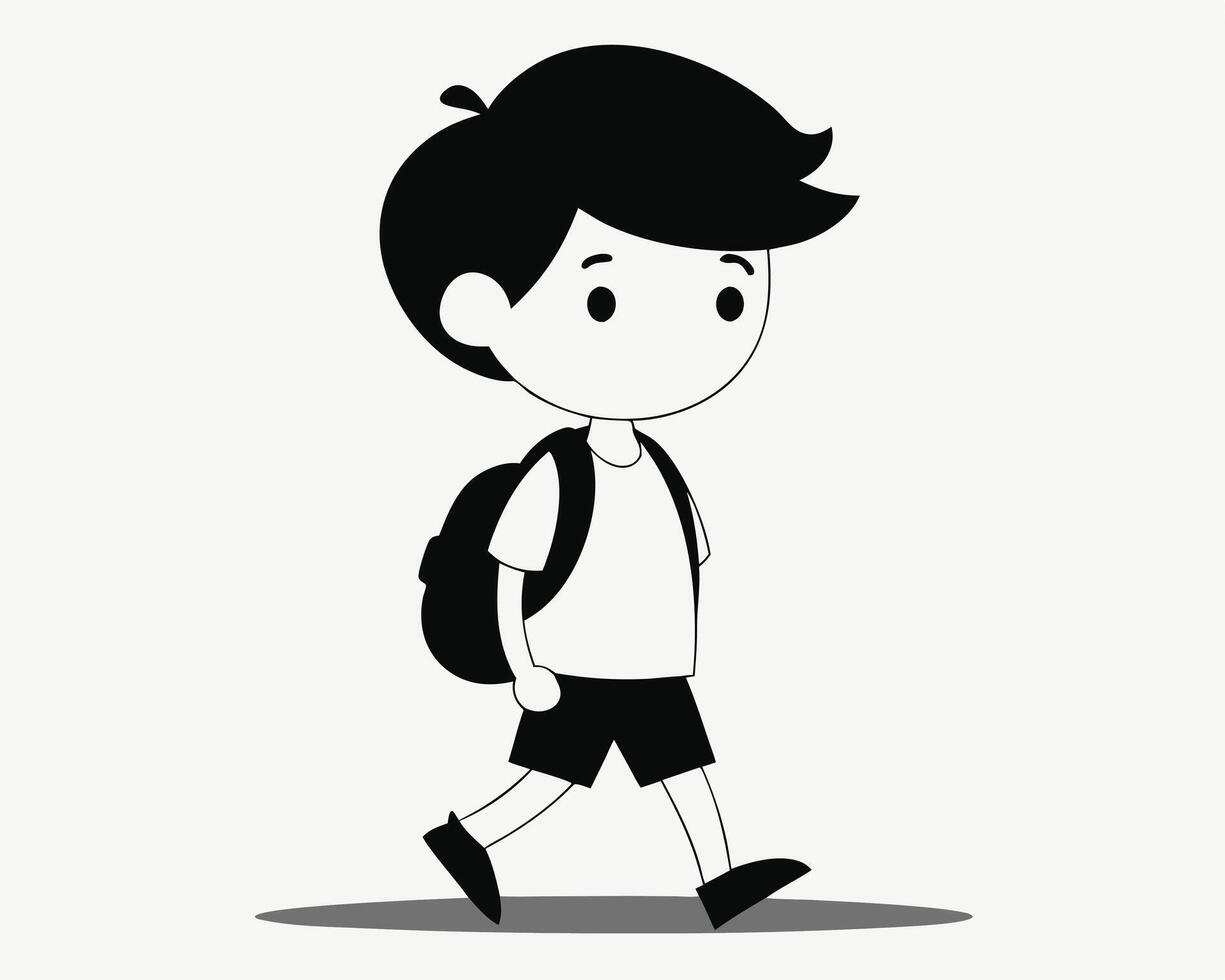 Cartoon illustration of a young boy walking to school with a backpack on his back. vector