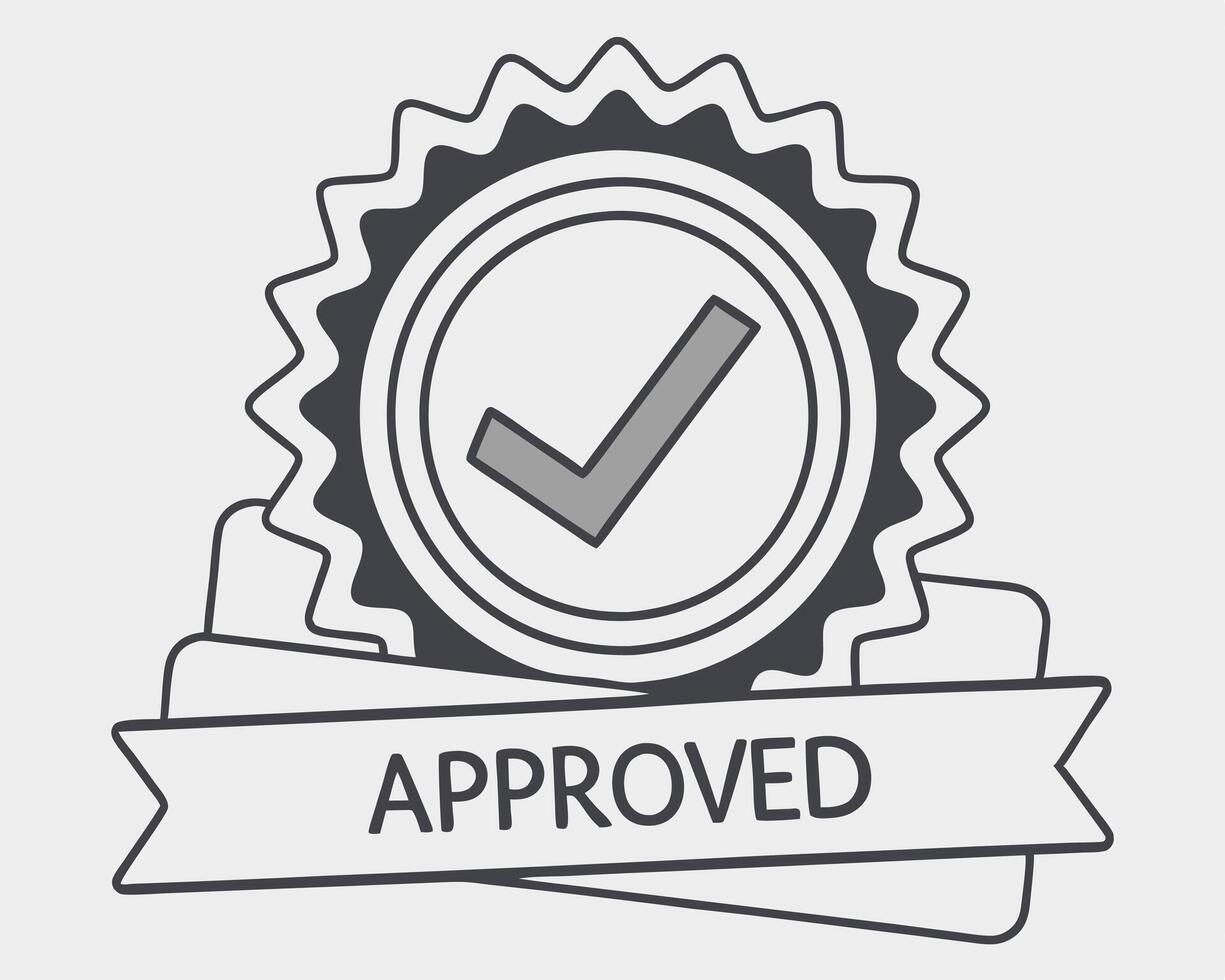 Approved badge illustration featuring check mark symbol and ribbon banner vector