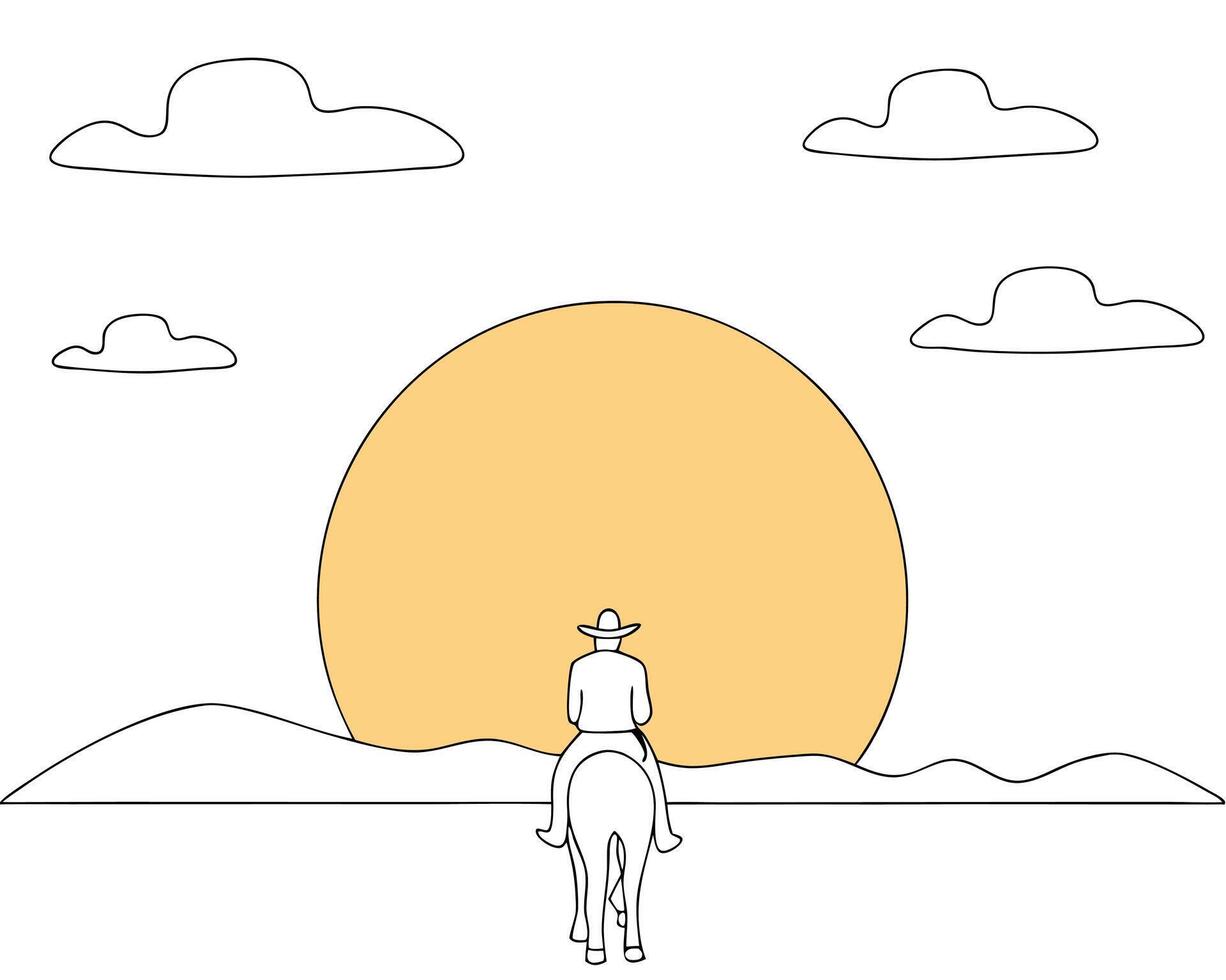 Silhouette of a cowboy riding horse towards setting sun in western landscape vector