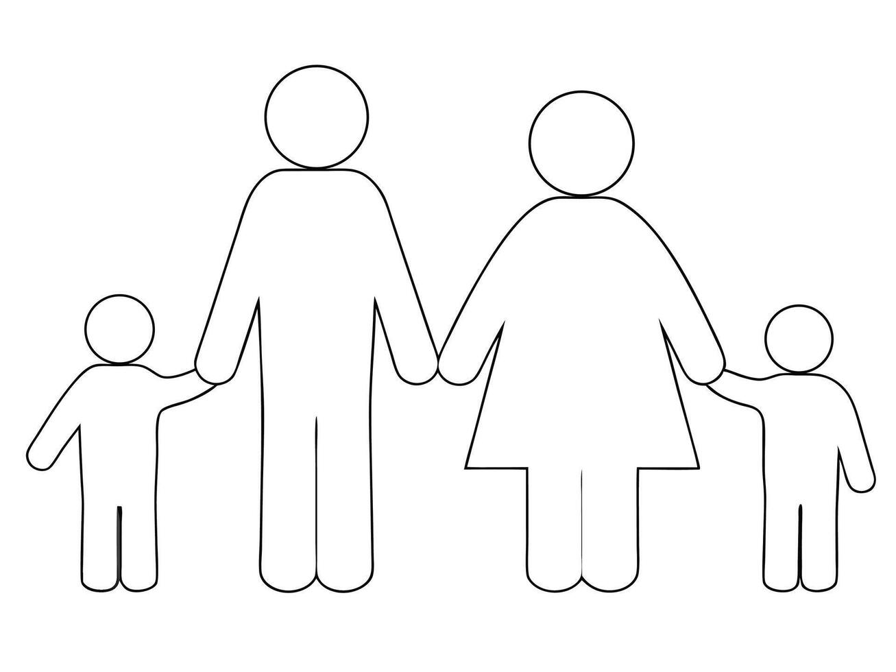 Symbolic depiction of a nuclear family holding hands in black and white simple outline vector
