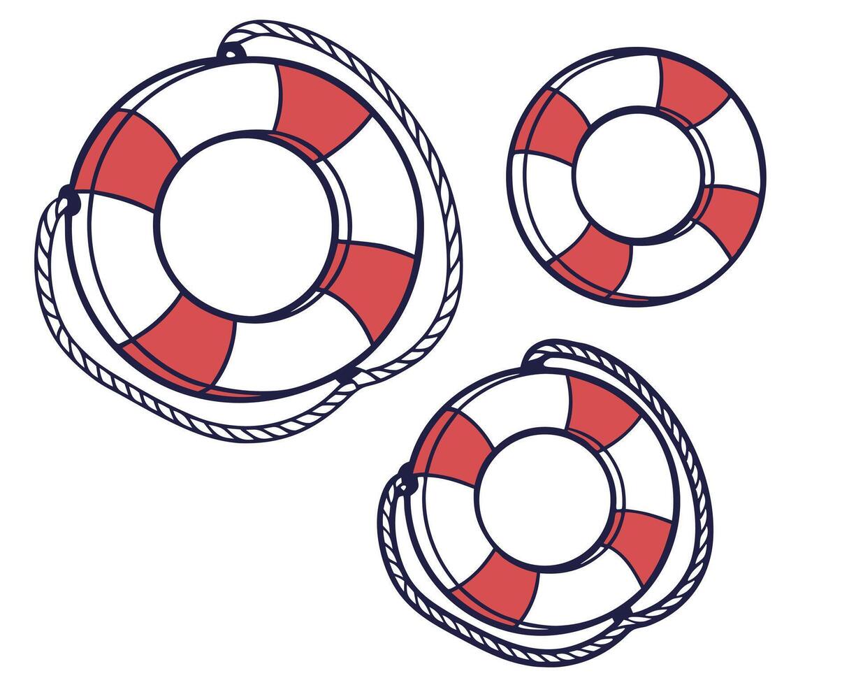Nautical lifesavers with red and white stripes adorned with rope for maritime safety vector