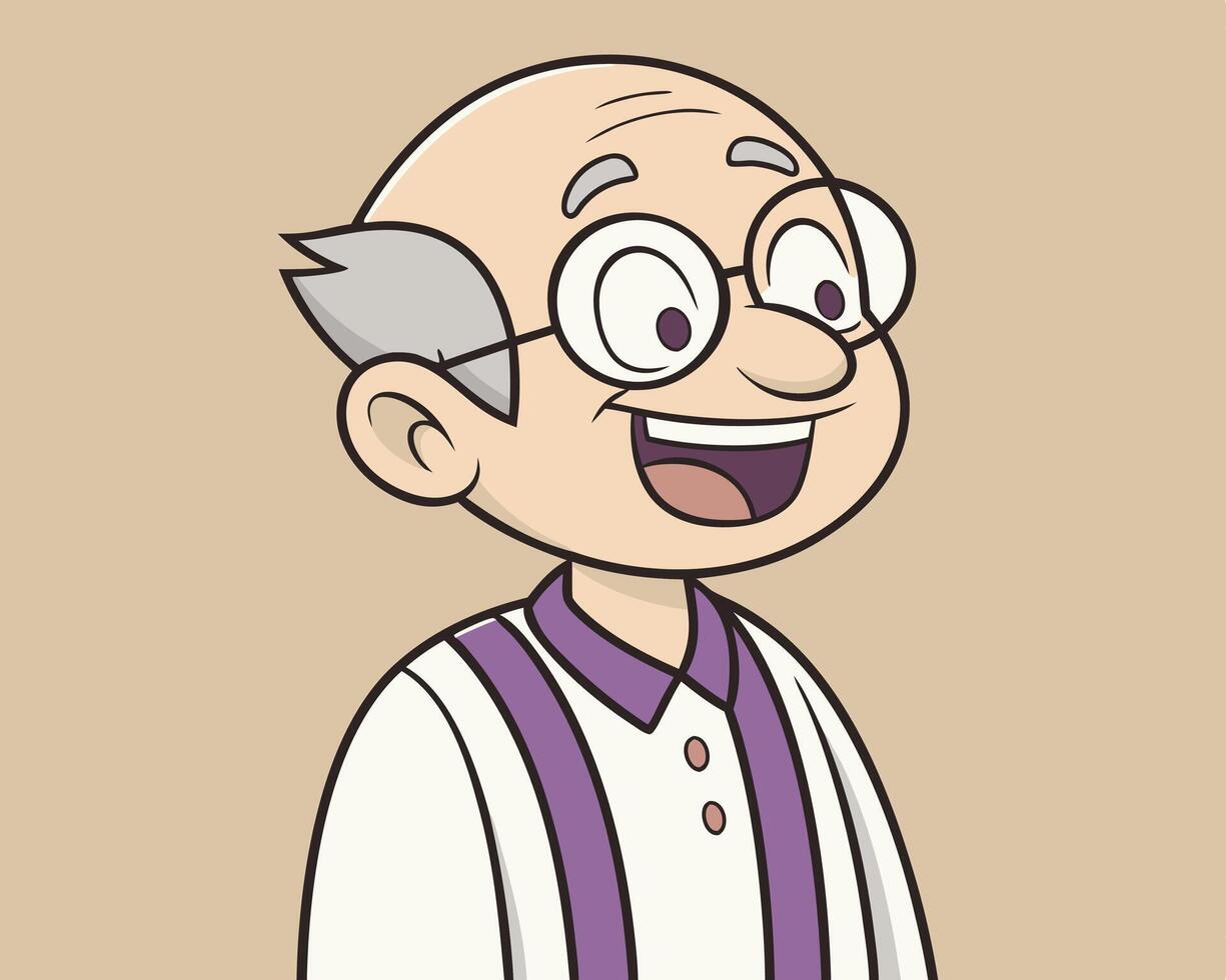 Cheerful cartoon illustration of a smiling elderly gentleman with glasses and a white shirt. vector