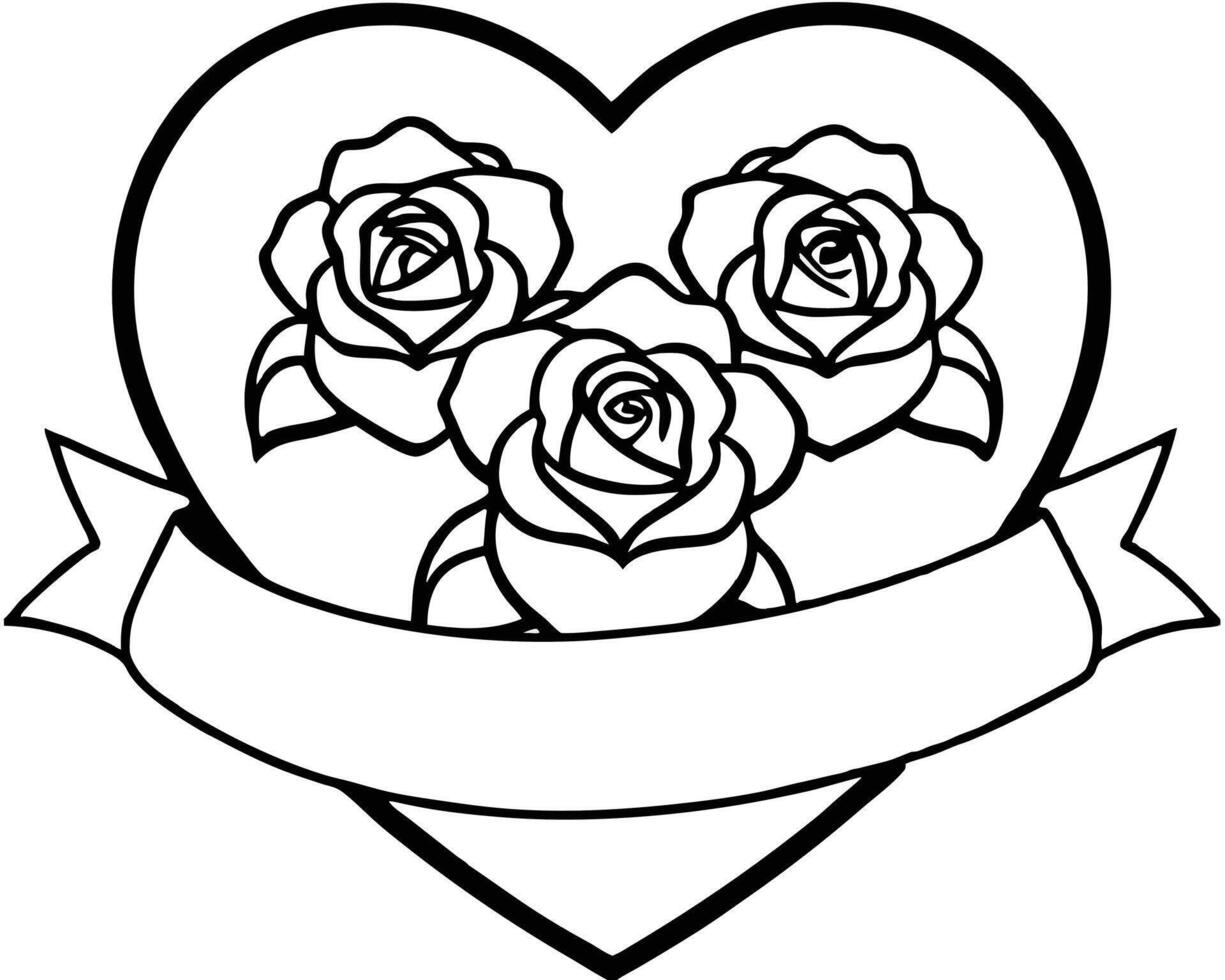 Three roses inside a heart with banner illustration in black and white outline vector