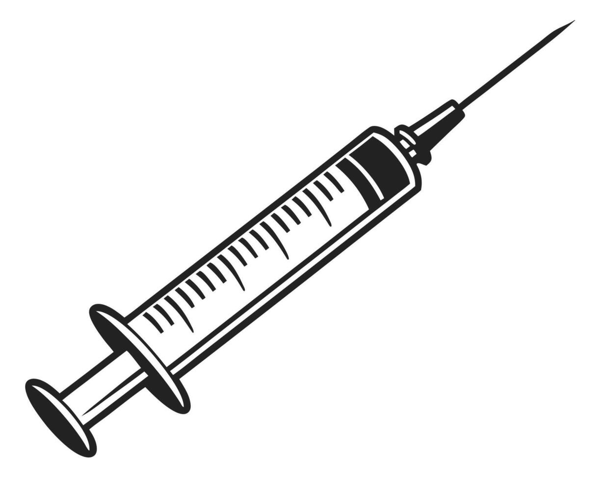 Detailed black and white illustration of a medical syringe for vaccination or injection purposes vector