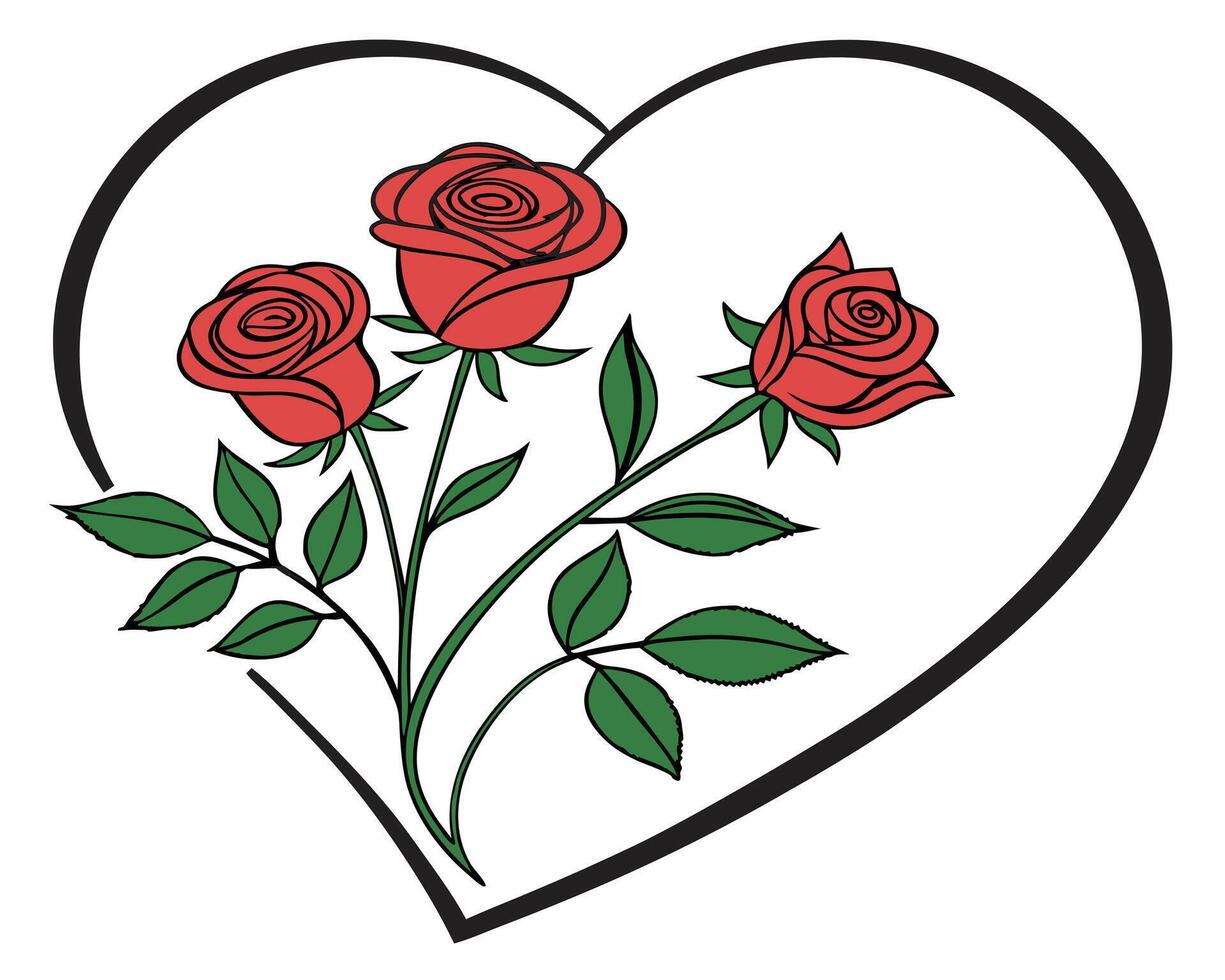 Three red roses within a heart shaped outline illustration for valentine's day cards vector