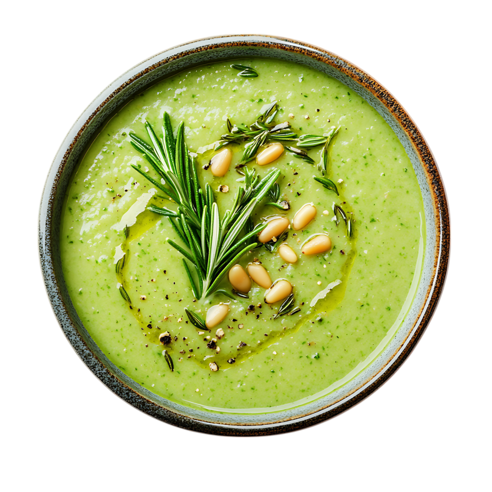 Delicious green cream soup with rosemary and pine nuts isolated on transparent background png