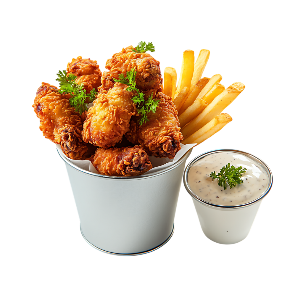 Crispy fried chicken wings with fries and dip isolated on transparent background png