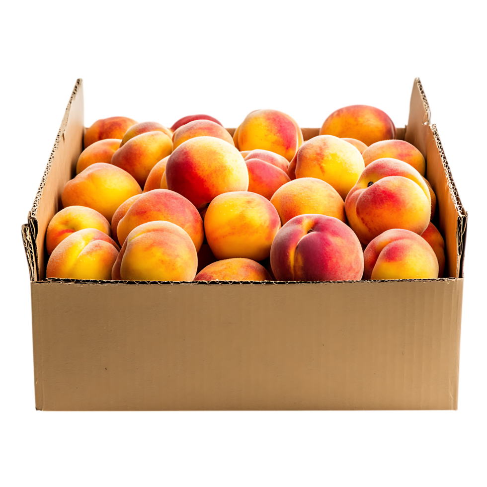 Fresh ripe peaches in cardboard box isolated on transparent background png