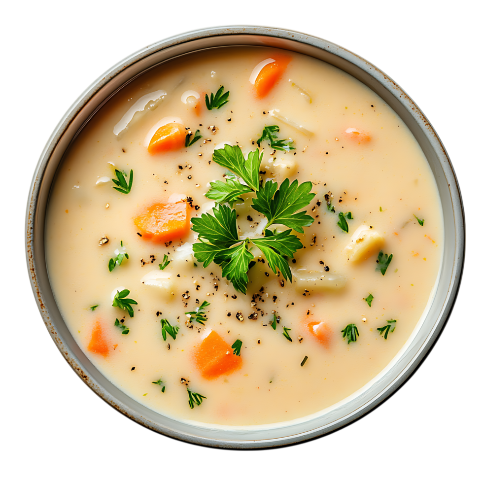 A Creamy vegetable soup in bowl isolated on transparent background png