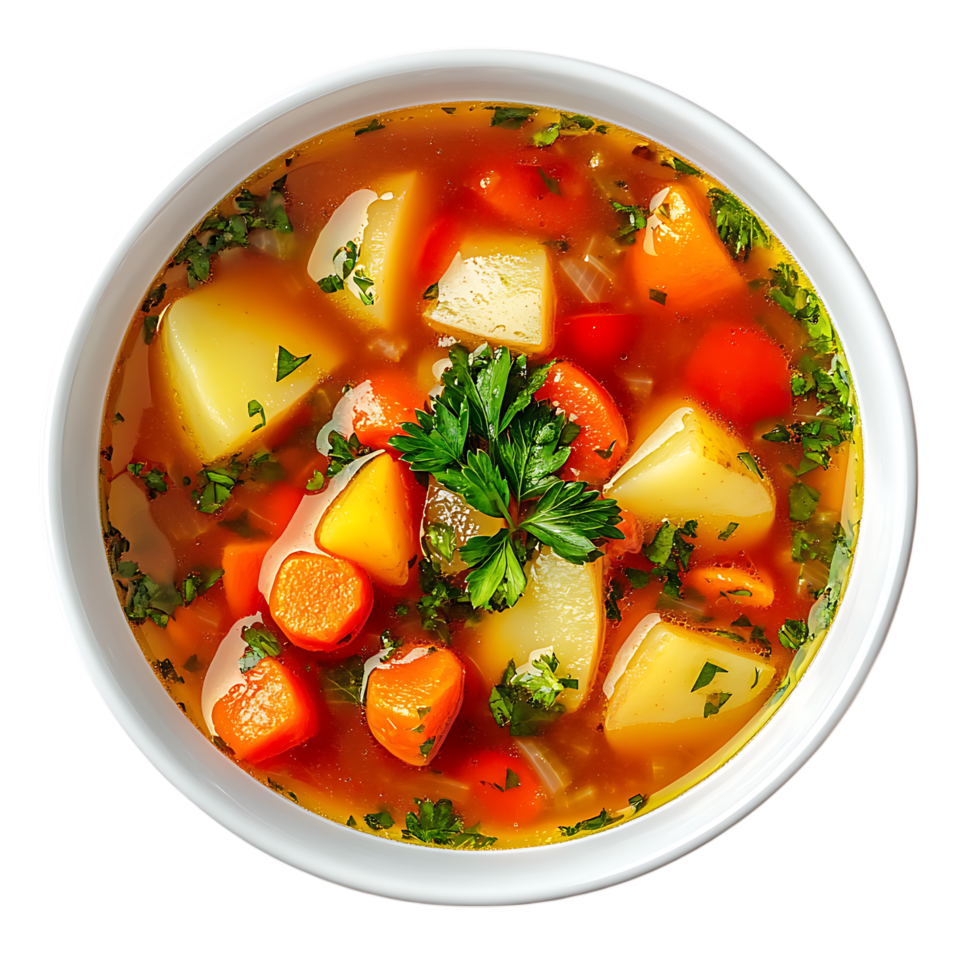 Delicious vegetable soup in a bowl isolated on a transparent background png