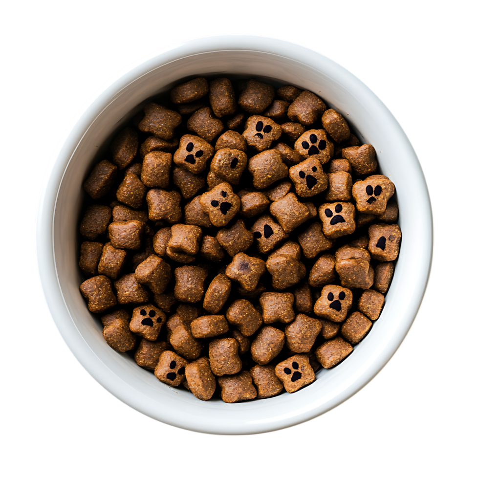 Dog food in white bowl paw print design isolated on transparent background png