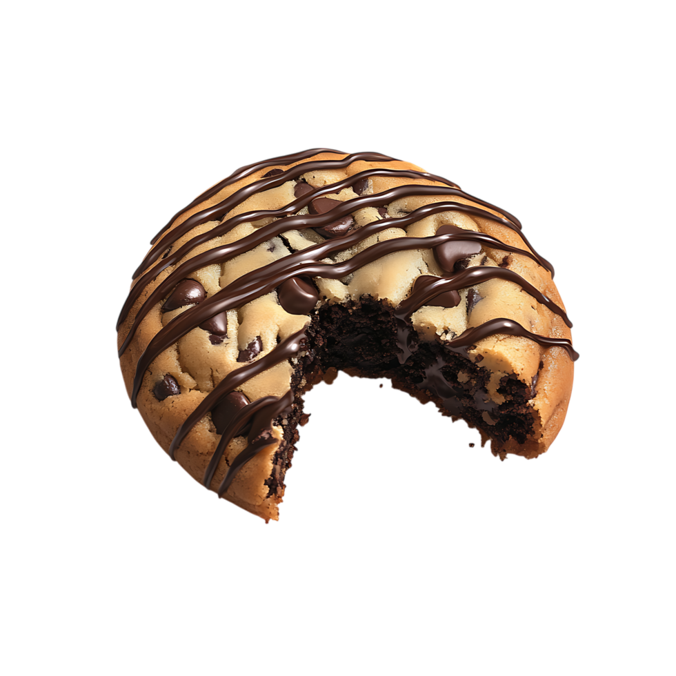 Chocolate drizzled brownie cookie with a bite taken out isolated on transparent background png