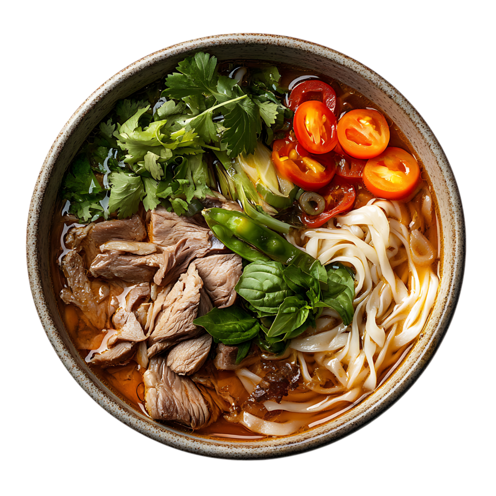 Delicious asian noodle soup with meat isolated on a transparent png