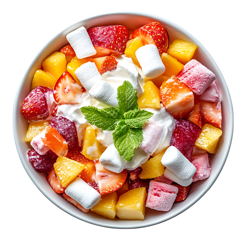 Delicious fruit salad with marshmallows and whipped cream isolated on a transparent background png