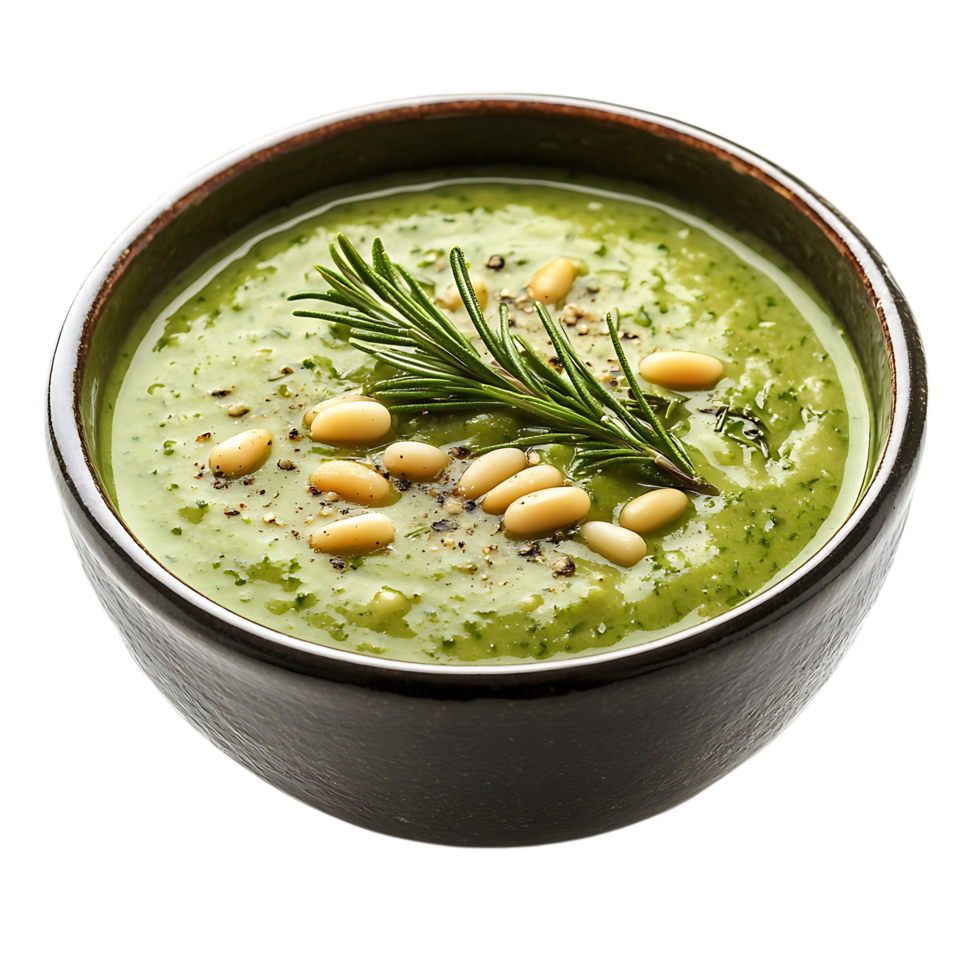 Delicious green soup with pine nuts and rosemary isolated on transparent background png
