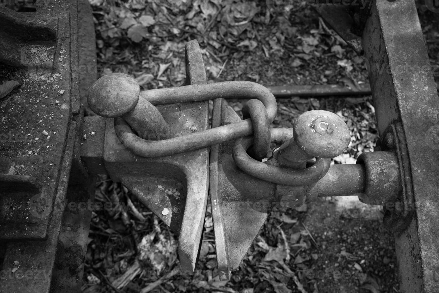 Rusty coupling on abandoned railway tracks showcases forgotten transportation history and nature's slow reclaiming photo