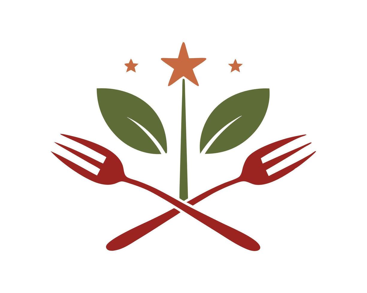 Elegant logo design for organic restaurant with crossed forks leaves and star elements vector