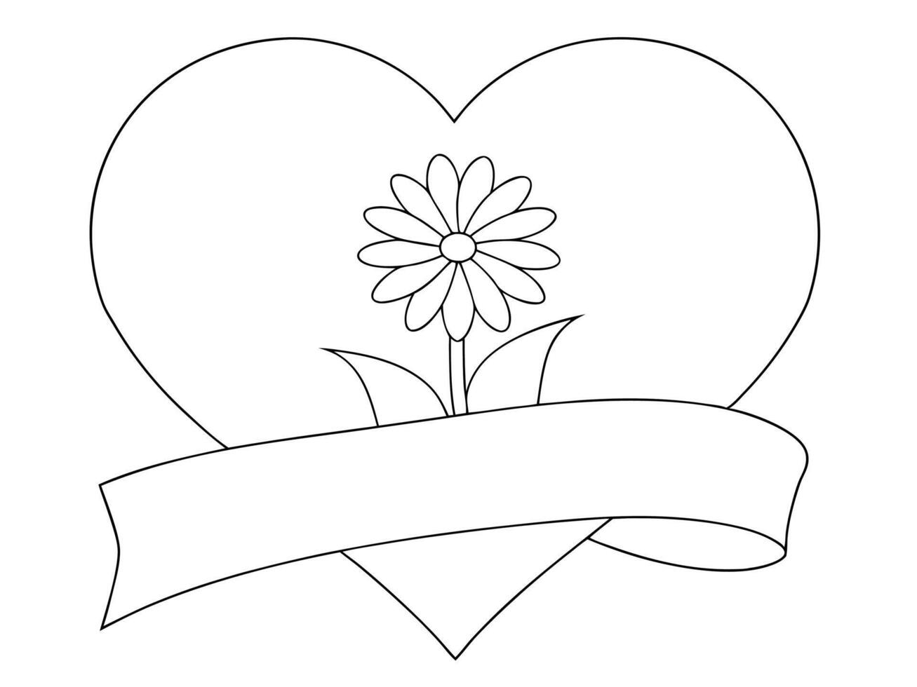 Simple black and white illustration of a heart flower with ribbon emblem for greetings vector