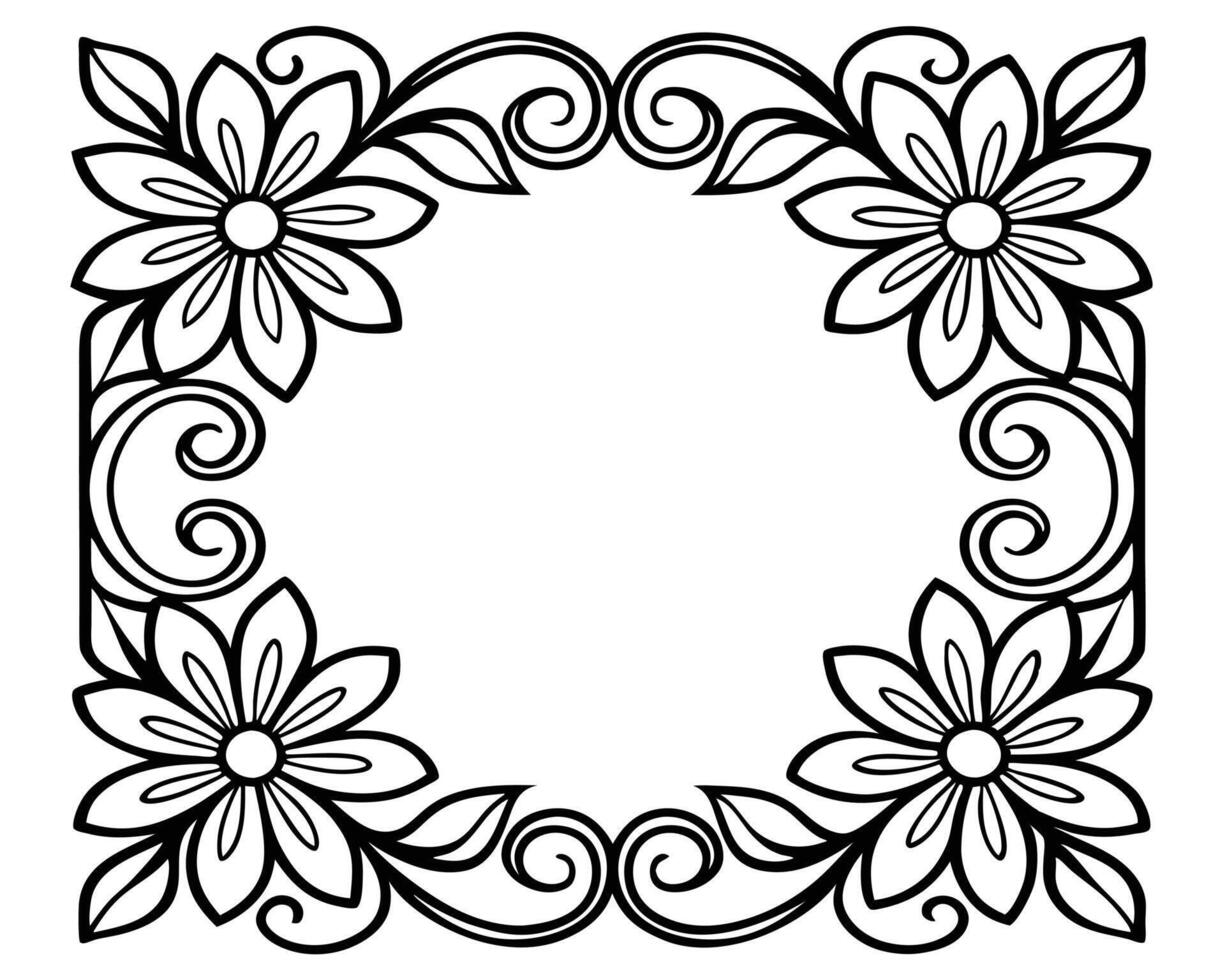 Elegant floral frame design with flowers and swirls in black and white illustration vector