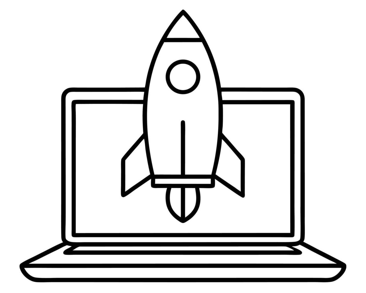 Laptop computer with rocket launching represents business startup success online and technological progress. vector