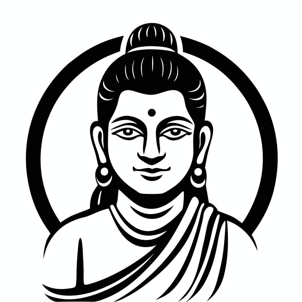 Elegant black and white illustration of a meditative buddha within a circular frame vector