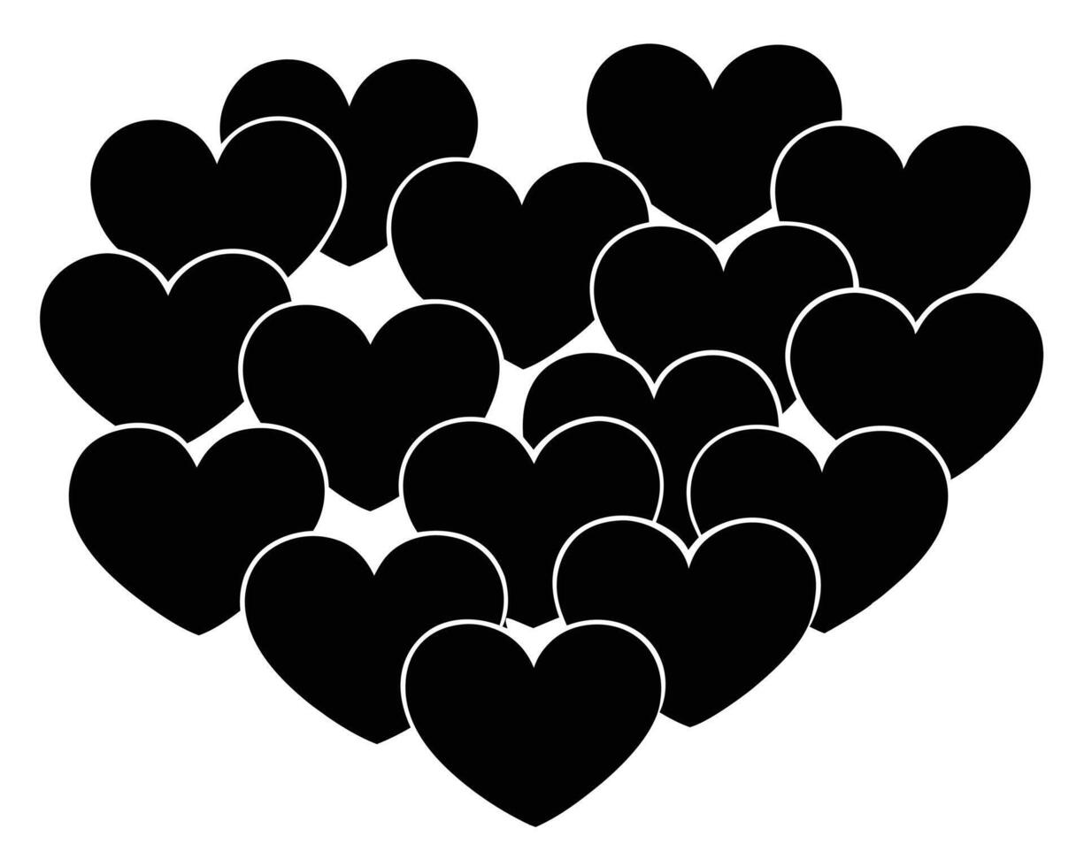 A collection of black heart shapes overlapping to form a unified loving symbol on white background. vector